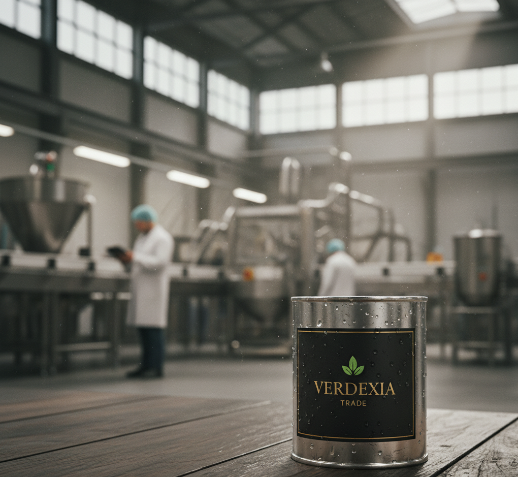 Verdexia Trade premium canned food product with export quality seal on factory background
